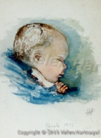 Baby Renate Sleeping 7 Weeks Old., watercolour 